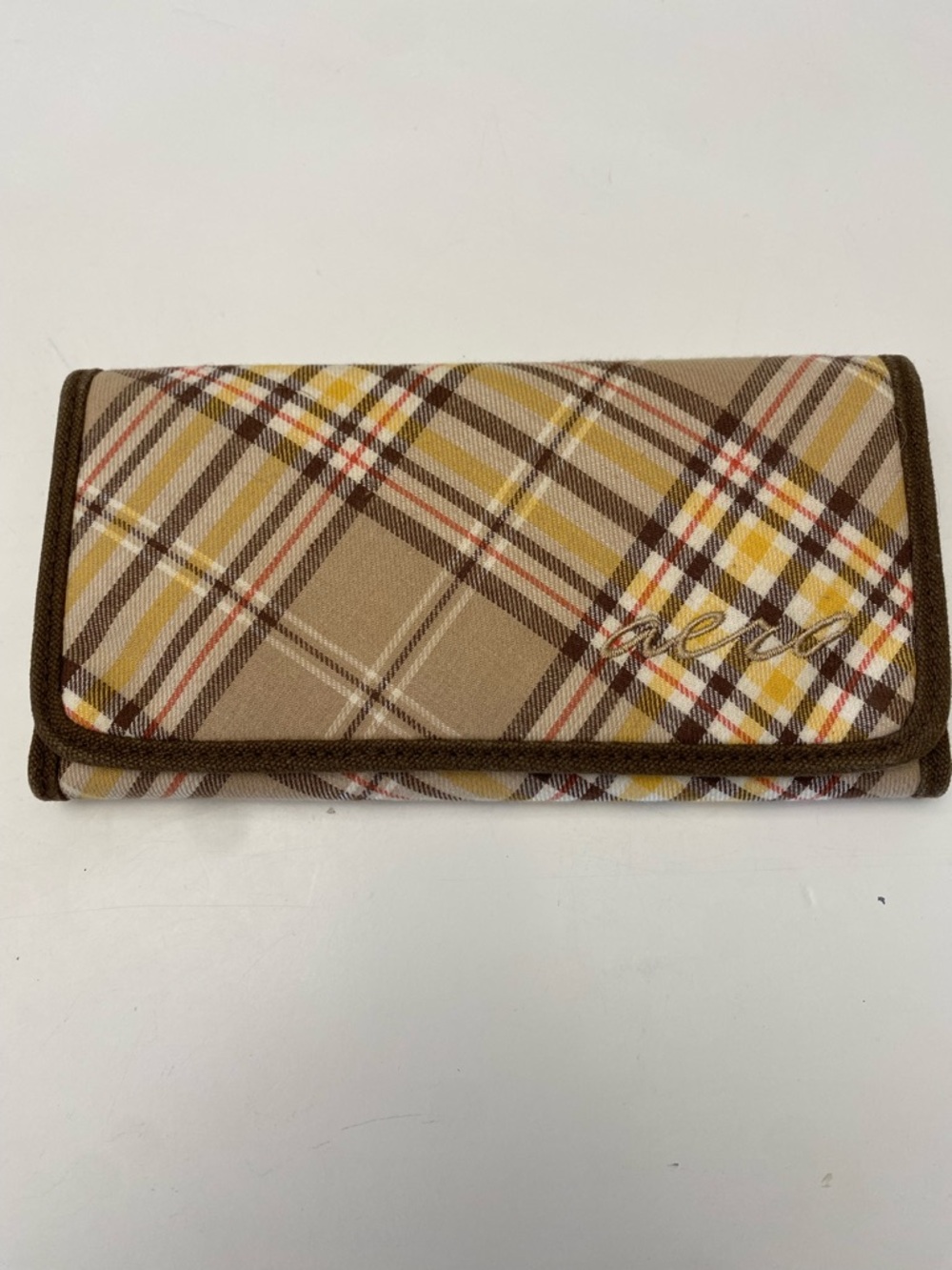 Aero Plaid Fabric Trifold Wallet Tab Brown Yellow Checkbook Style Snap Closure